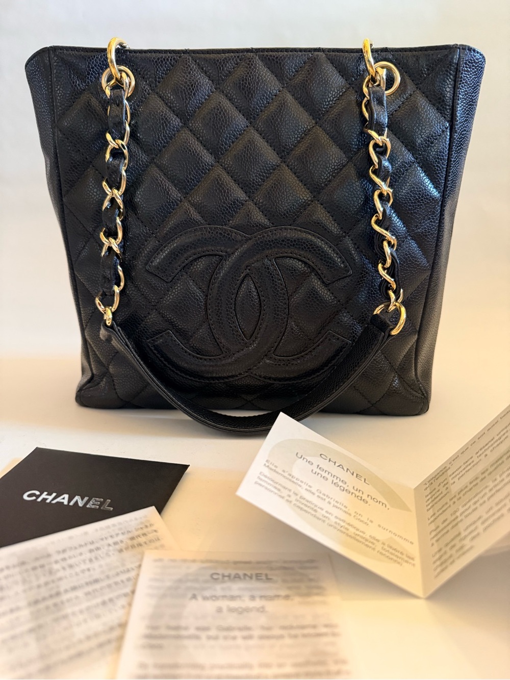 Vintage CHANEL Black Caviar Quilted CC Tote Bag Gold Hardware